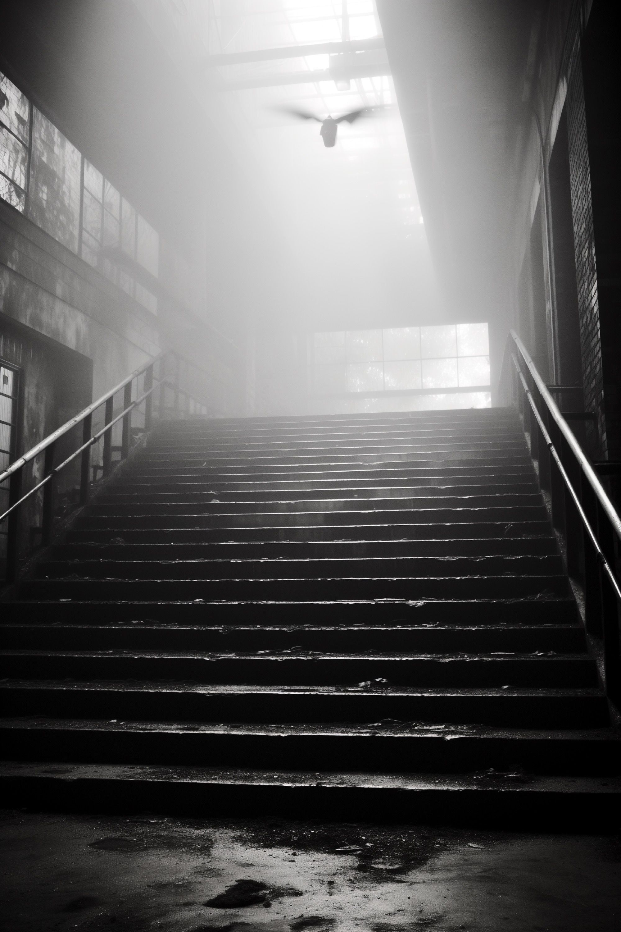 A dark stairway lit from above, a bird crossing the light